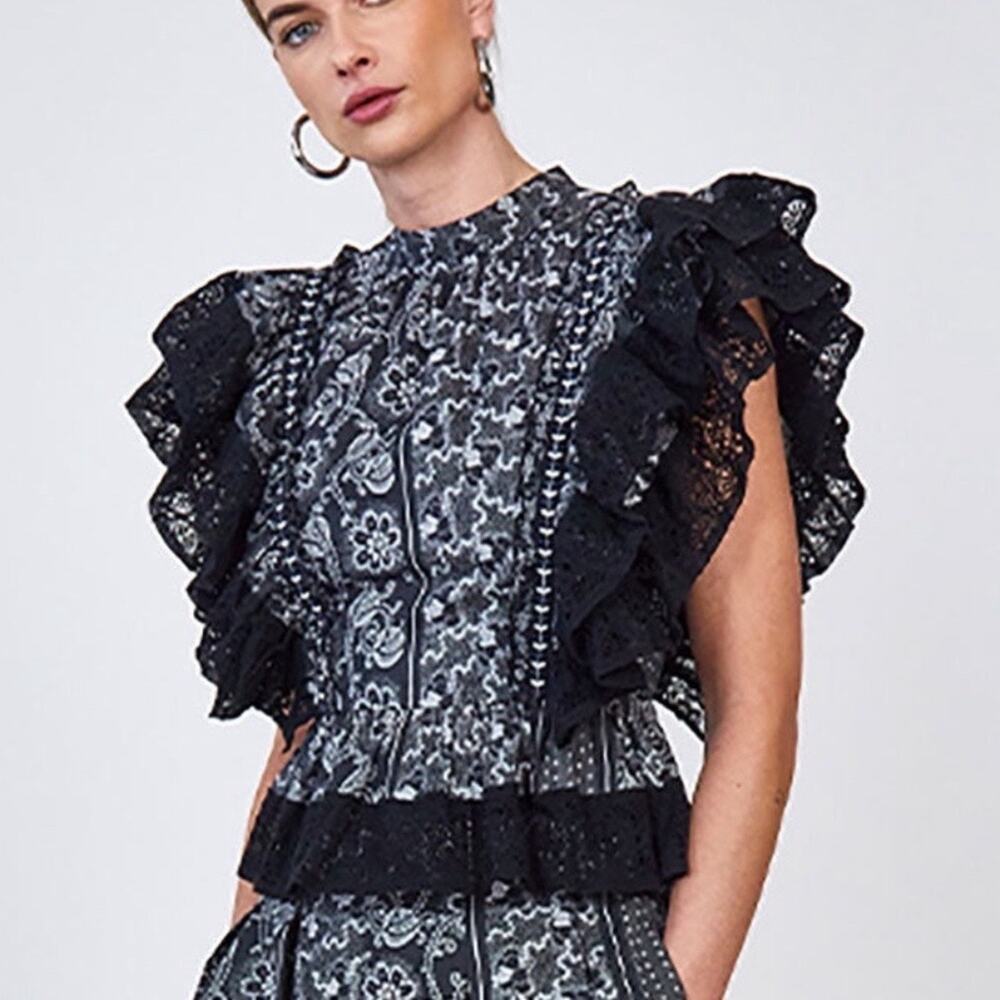 Hunter Bell NYC Black Gray Floral Stripe Eliza Ruffle Lace Top Sz 0